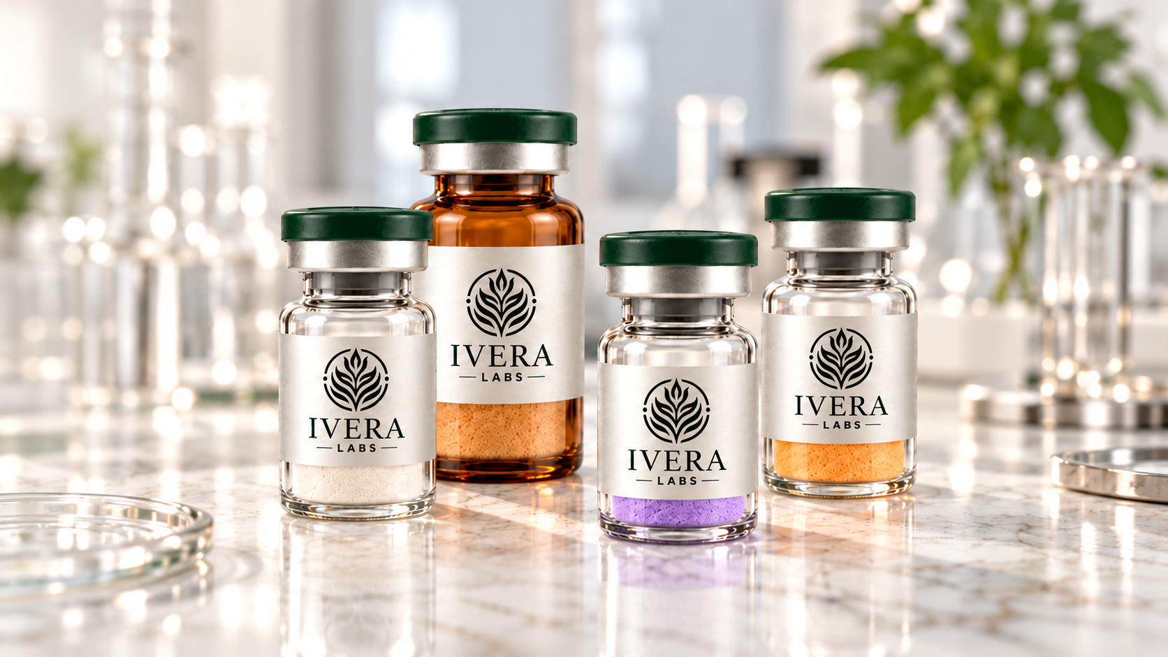 Clear and amber Ivera Labs logo-only vials in a bright laboratory